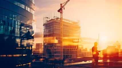 Future building construction engineering project concept with double exposure graphic design. Building engineer, architect people or construction worker working with modern civil equipment technology.