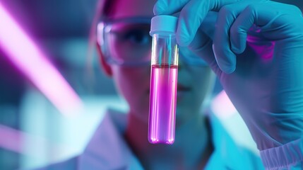 Illuminated Scientist Conducting Experimental Chemistry in Neon-Lit Lab