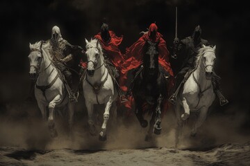 Fototapeta premium Apocalyptic Riders: The Four Horsemen of the Apocalypse, Symbolizing Conquest, War, Famine, and Death, on a Dark Canvas with a Desert Landscape.