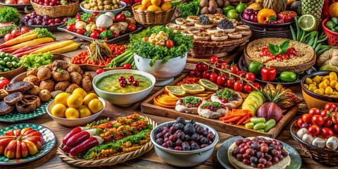 Fototapeta premium Vibrant arrangement of international cuisine including fruits, vegetables, meats, and desserts on a beautifully decorated table, showcasing a diverse and appetizing food selection.