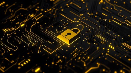 Illustration of an open padlock, surrounded by digital elements like circuit patterns and numbers, representing the concept of cyber security in yellow on black background