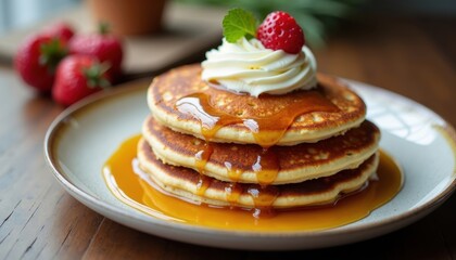 Delicious Pancakes with Whipped Cream and Syrup.
