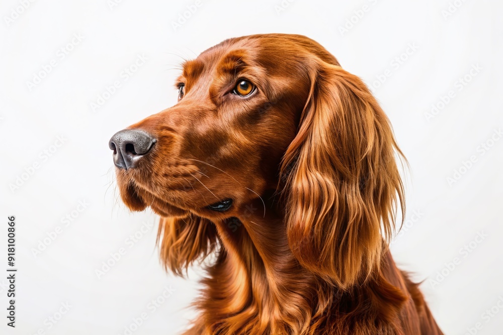 Poster portrait of dog irish setter in profile on white background. empty space. generative ai