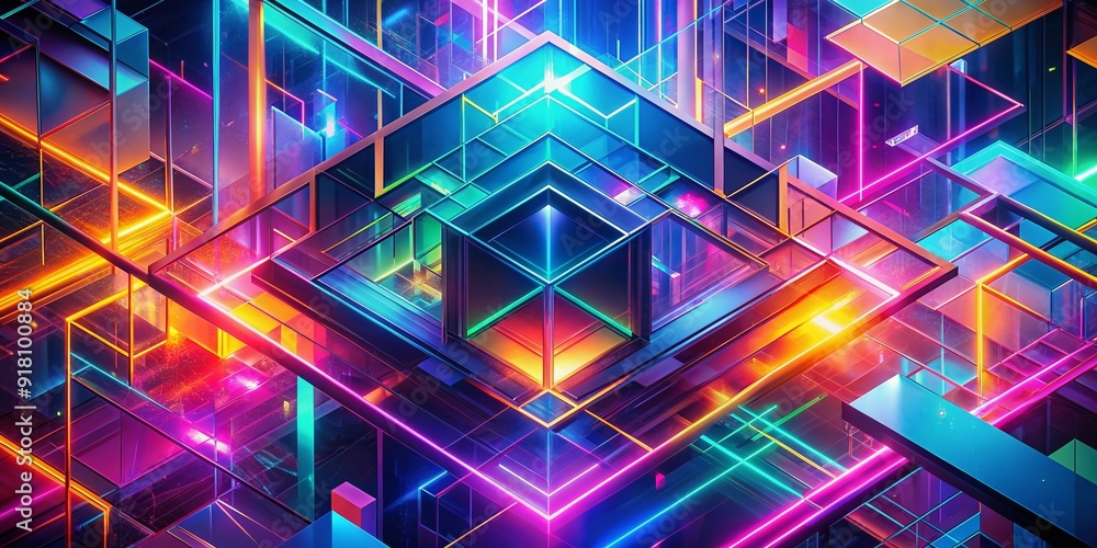 Poster vibrant geometric shapes in neon hues overlap and blend, creating a mesmerizing abstract background 
