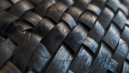 Obraz premium Close-up of intricately woven black rubber strips, showcasing texture and depth in a modern design.