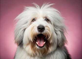 Old English Sheepdog, angry dog baring its teeth, studio lighting pastel background