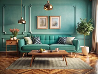 Warm wooden coffee table positioned near vibrant turquoise sofa against a wall adorned with a decorative frame in a mid-century retro vintage modern living room setting.