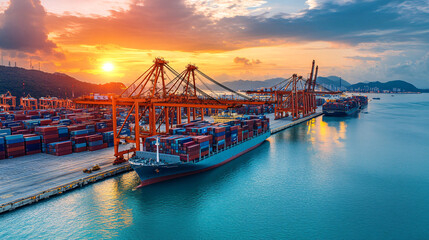 Naklejka premium Deteriorating Port Facility with Broken Cranes and Empty Containers Representing Economic Downturn from Debt