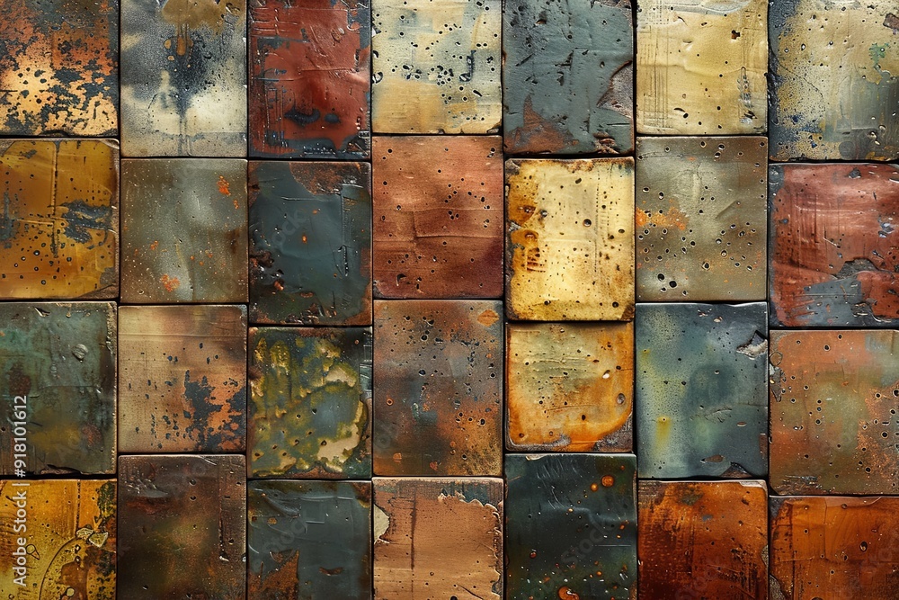 Poster rectangular tiles showcase a staggered brick pattern with rich earthy tones in a contemporary space.