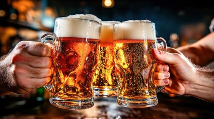 Three beer mugs clinking together, celebrating friendship and good times in a lively bar atmosphere.