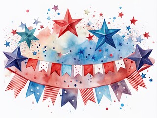 Fototapeta premium Vibrant watercolor banner with scattered stars, stripes, and bold typography creates a patriotic atmosphere, perfect for Independence Day or national celebrations.
