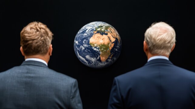 Two businessmen contemplate the world's future, gazing at a rotating globe against a dark background. - Powered by Adobe