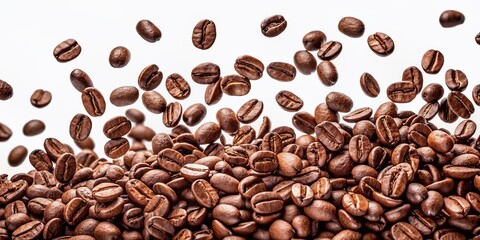 Scattered coffee beans in mid-air, gently falling, isolated on a clean white or transparent background, creating a sense of movement and coffee lovers' delight.