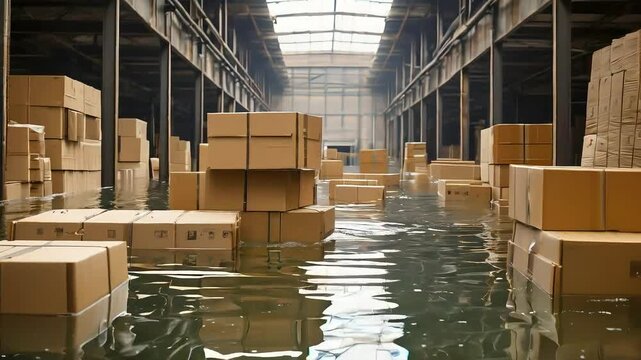 Flooded warehouse with stacked cardboard boxes.