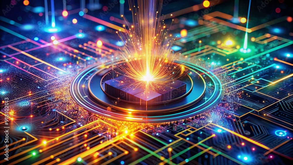 Poster vibrant abstract particles swirl around futuristic circuits and microchips, symbolizing cutting-edge