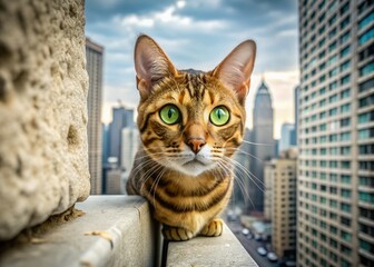 A curious Bengal cat peers out from amidst concrete skyscrapers, its whiskers twitching as it explores the cityscape with intrigued, bright green eyes.