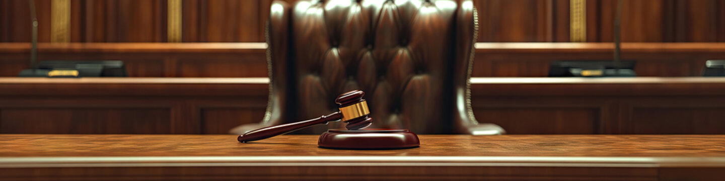 Courtroom Reverie: An empty courtroom, empty chair, gavel on the desk.