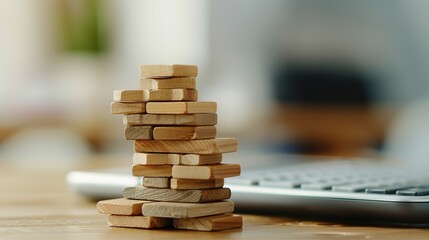 Financial Technology Concept - Digital Tax Calculations on Wooden Blocks, Modern Tools Close-Up