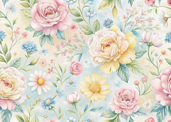 Fototapeta premium Soft focus pastel hued digital paper features delicate hand-painted floral illustrations of roses, peonies, and daisies in pale pinks, blues, and yellows.