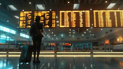 Traveler at International Airport Terminal: Exploring Flight Schedules and Departure Times