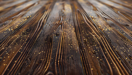 A close-up view of a textured wooden surface with sparkling golden particles scattered throughout, creating a warm, inviting atmosphere.