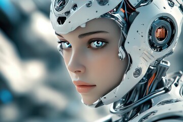 Fototapeta premium Cyborg Woman with Blue Eyes and a Futuristic Helmet