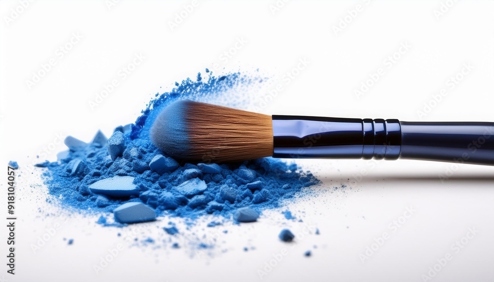 Wall mural brush with heap of blue eye shadow on a white background