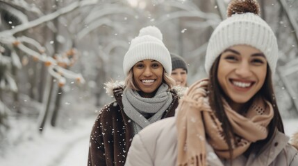 Fototapeta premium Winter Wonderland Fashion: Models Embracing Snowy Forest Vibes in Cozy Layers and Knits