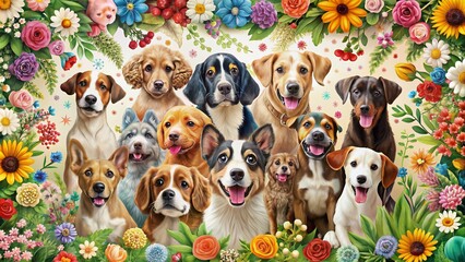 Whimsical frame of playful puppies, cute canines, and happy hounds in various breeds and poses, surrounded by colorful flowers, leaves, and ornate designs.