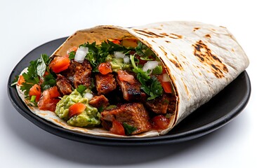 Photography of a Mexican taco topped with salsa and guacamole, set against a white background