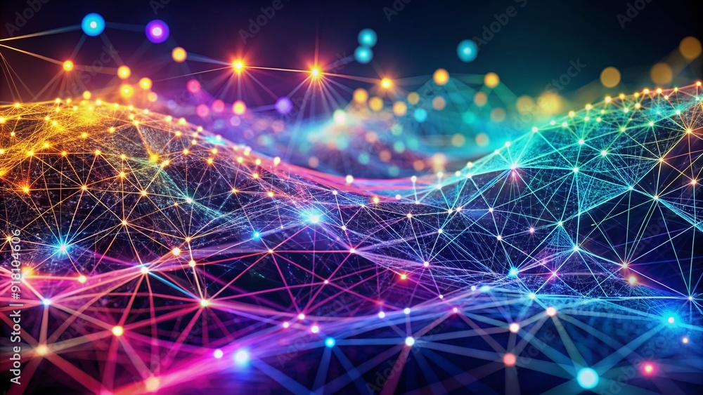 Poster vibrant abstract background featuring a wave of tiny dots and interwoven lines, depicting a futurist
