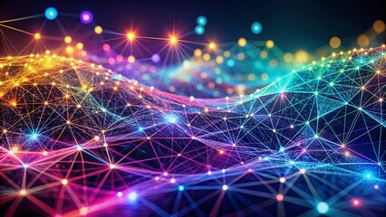 Obraz premium Vibrant abstract background featuring a wave of tiny dots and interwoven lines, depicting a futuristic network connection structure in a mesmerizing digital landscape.