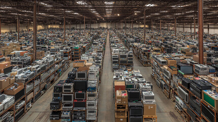 Overfilled Warehouse with Counterfeit Electronics Showcasing Scale of Intellectual Property Infringement