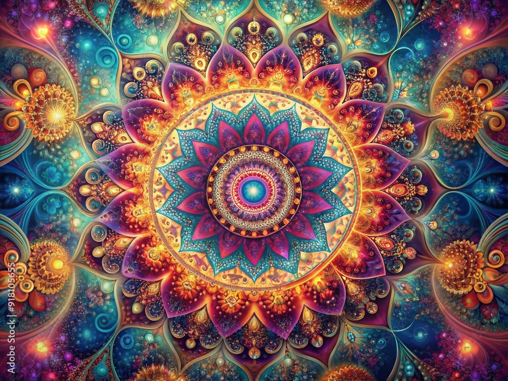 Poster vibrant intricate mandala abstract background featuring delicate swirling patterns, ornate shapes, a