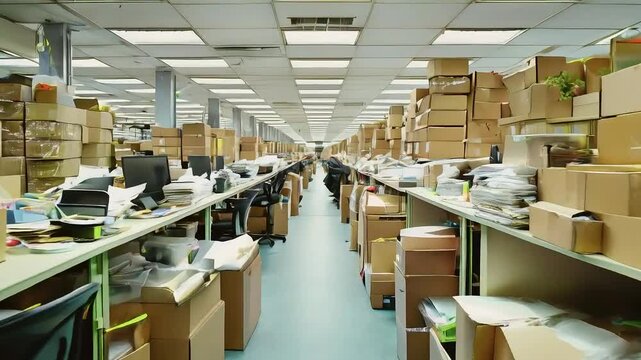 Long hallway lined with desks piled high with boxes and paperwork.