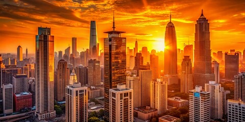 Vibrant orange hues illuminate the urban landscape as sunlight reflects off sleek skyscrapers, casting a warm glow on the modern city's majestic architecture.