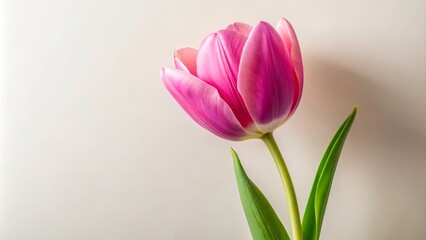 Naklejka premium A delicate, vibrant pink tulip blooms in isolation, its slender stem and cup-shaped petals standing out against a soft, creamy white background.