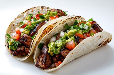 Photography of a Mexican taco topped with salsa and guacamole, set against a white background