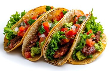 Photography of a Mexican taco topped with salsa and guacamole, set against a white background