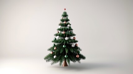  "3D Christmas tree icon, decorated with ornaments, lush green, isolated on white