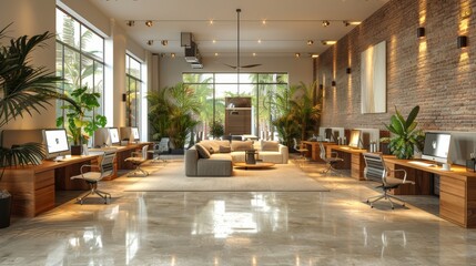 Modern office interior featuring greenery, spacious layout, and inviting seating area during daylight