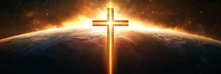 Fototapeta premium Divine Light: The Symbol of Purity, Truth, and Guidance as God's Radiance Illuminates Humanity, Embodied in a Cross Over the Earth - Ideal for Religious Art Projects.