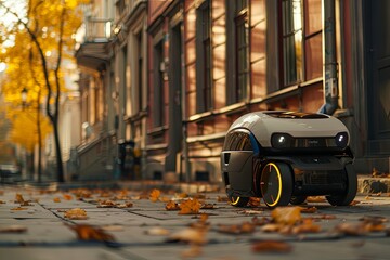 A robot delivery driver moves along a street lined with autumn leaves. Generative AI