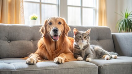 Adorable cat and playful golden retriever lounging together on a cozy couch in a modern living room with sleek furniture and natural sunlight.