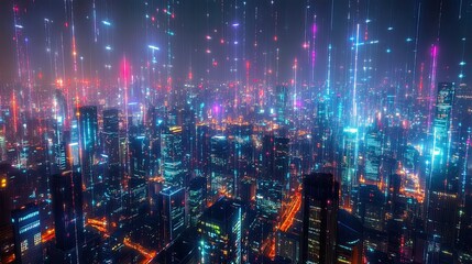 Obraz premium A city skyline where every building is outlined in bright RGB lights, creating a dynamic, futuristic atmosphere that feels alive with energy
