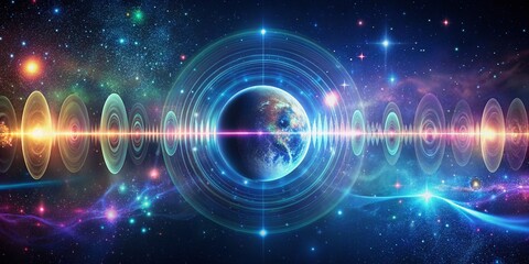 Obraz premium Cosmic digital background with stylized audio waveform, starfield, and orbitingircles, providing ample space for text or logos in a futuristic, high-tech atmosphere.