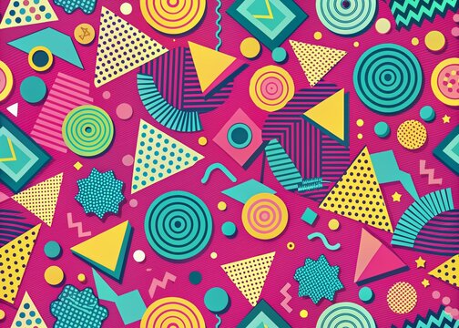 Vibrant retro background featuring bold geometric shapes and swirling patterns in hot pink, turquoise, and yellow, evoking the iconic style of the 1980s Memphis movement.