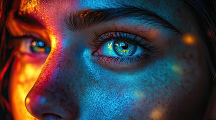 Naklejka premium A close-up of a face where every feature is highlighted by RGB lighting, creating a striking, abstract portrait with depth and detail
