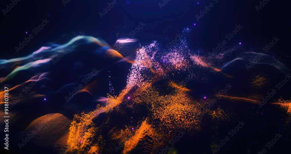 Poster abstract moving futuristic landscape of particles and dots of energy magic with glow and blur effect