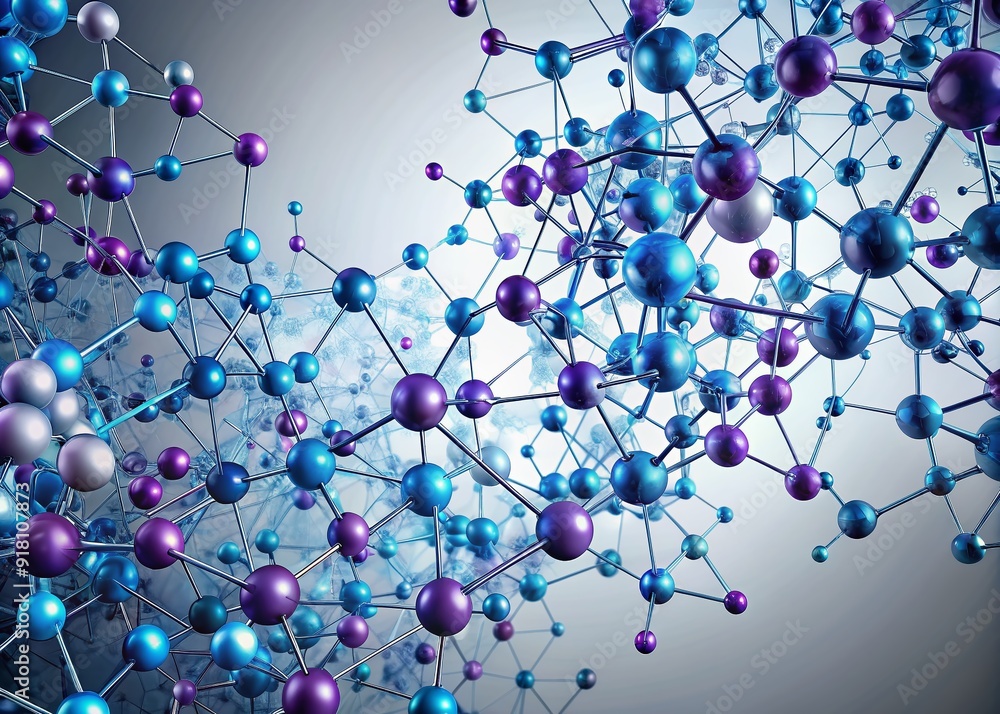Poster intricate futuristic molecules and lines pattern in shades of blue and purple on a white gray backgr